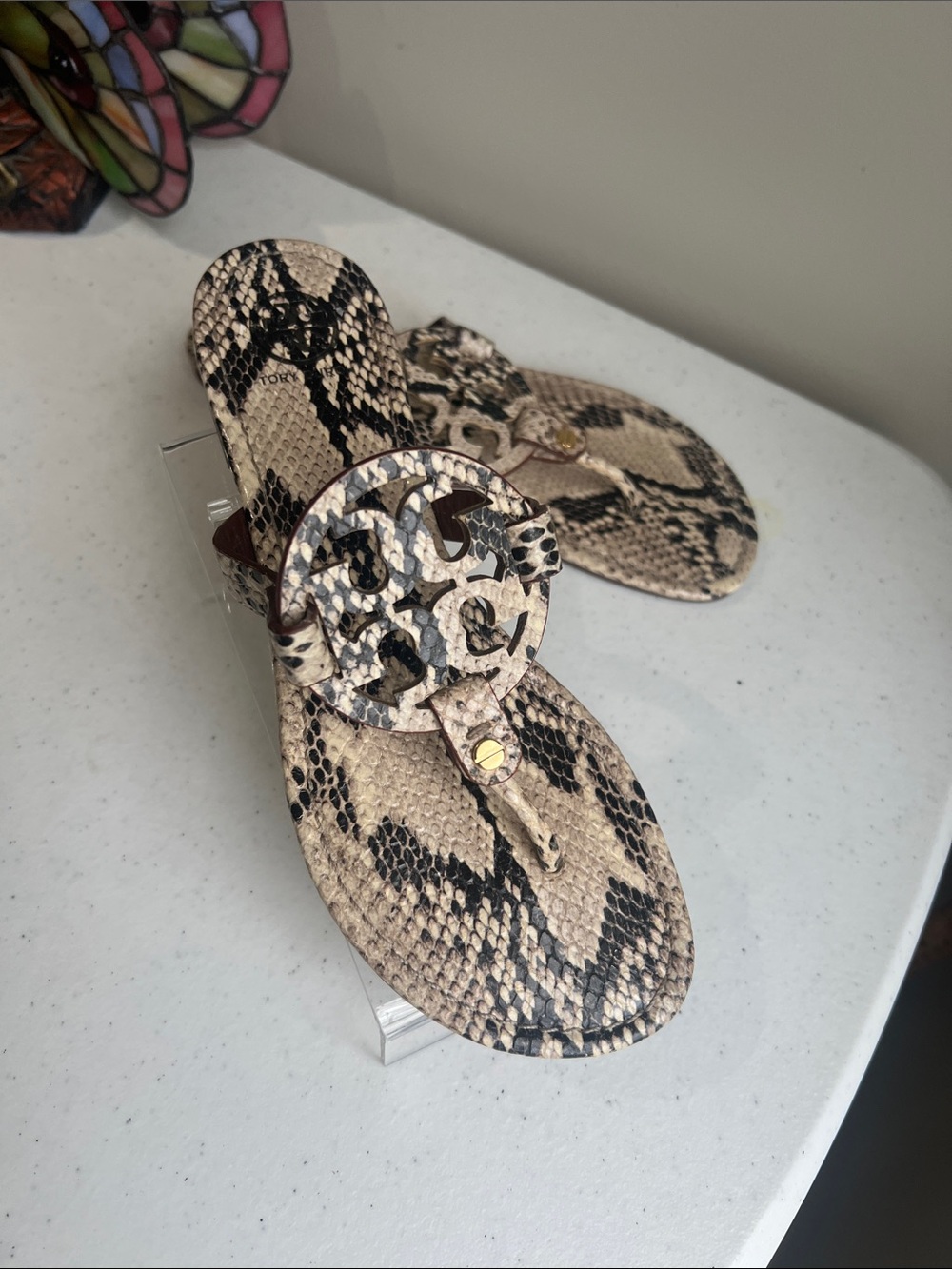 Tory Burch Snake Print Miller Thong Sandals in Beige and Black - Picture 3 of 12